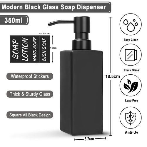 MIUSITE Black Soap Dispensers, Stylish 350ml Hand Soap Dispenser for Kitchen/Bathroom, Square Glass Soap Dispenser, Refillable Dish Soap Dispenser with Stainless Pump and Stickers - 2 Pack