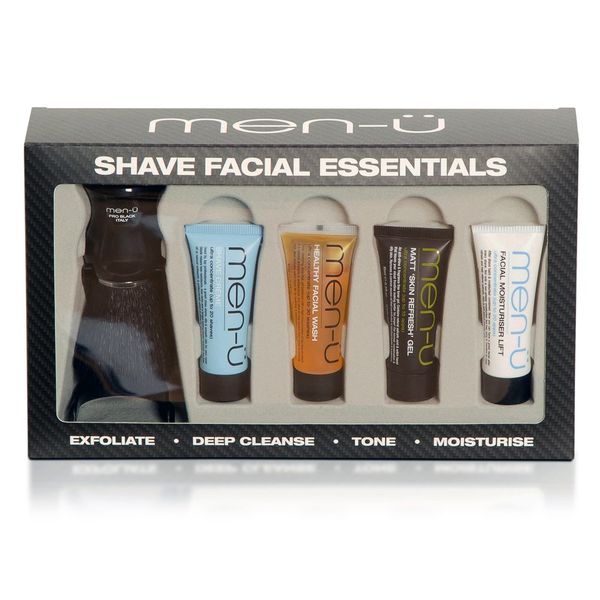 men-ü SHAVE FACIAL ESSENTIALS mens toiletries set – Professional shave facial in your home. Ultra concentrate products & PRO BLACK SHAVING BRUSH – EXFOLIATE, CLEANSE, TONE & MOISTURISE.