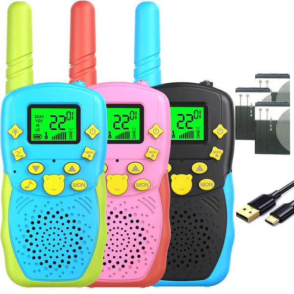 POKPOW Walkie Talkies for Kids Rechargeable 3 Pack Long Range 22 Channels 2 Way Radio Outdoor Kids Toys for Ages 3-12 Camping Hiking Birthday Xmas Easter Gifts for Boys Girls (Blue Black Pink)