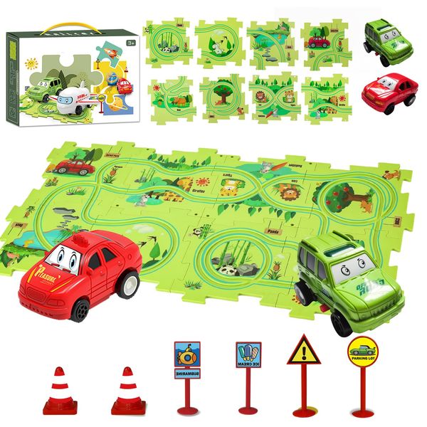 Puzzle Track Car Play Set - DIY Car Tracks Children's Educational Puzzle Board with Electric Vehicle Toy for Toddler Boys Kids Gift (FOREST-16PCS)