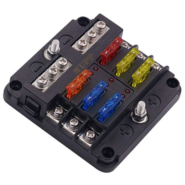 WUPP 12 Volt Fuse Block, Waterproof Boat Fuse Panel with LED Warning Indicator Damp-Proof Cover, 6 Circuits with Negative Bus Fuse Box for Car Marine RV Truck DC 12-24V