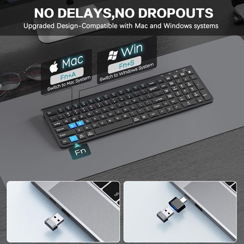 JOYACCESS Wireless Keyboard, 2.4G Ergonomic and Slim Wireless Keyboard with USB & Type C, Full Size and Portable Design for Computer/Laptop/Windows/Mac-Black