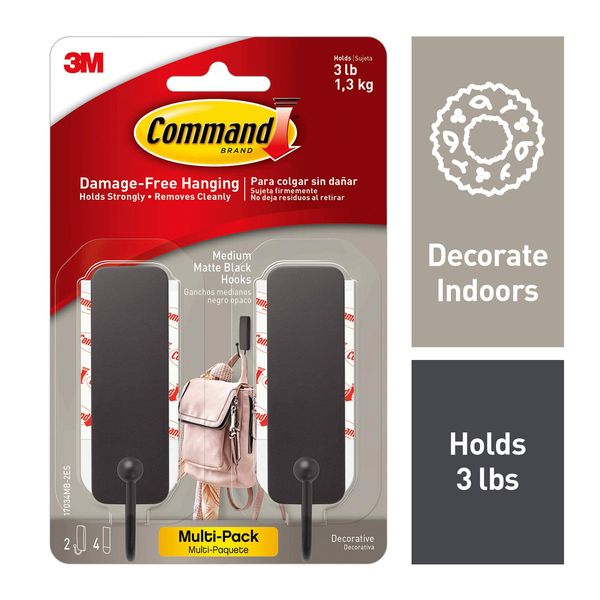 Medium Decorative Damage Free Adhesive Wall Hooks for Hanging Christmas Decorations, 2 Black Hooks and 4 Command Strips