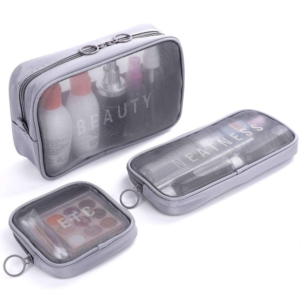 Toiletry Bag, Cosmetic Pouch, Travel Pouch, Toiletry Pouch, Multi-functional, Travel Supplies Storage Bag, Waterproof, Transparent Mesh, Large Capacity, Cosmetic Holder, Small Organization, Lightweight, 3-Piece Set, Gray