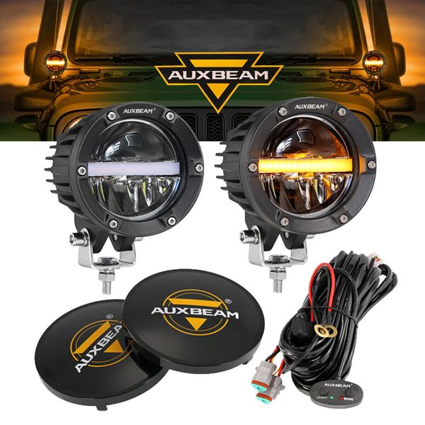 AUXBEAM 4" Round LED Work Light Bar Driving Spotlights Combo Pods & Black Covers