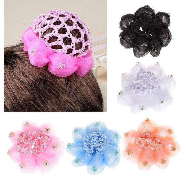 UTENEW Girls Bun Covers Snood Ballet Dance Hair Net Accessories 5 Pack Knit Mesh Fabric Rhinestone Women's Hair Bun Cover Multi-colored