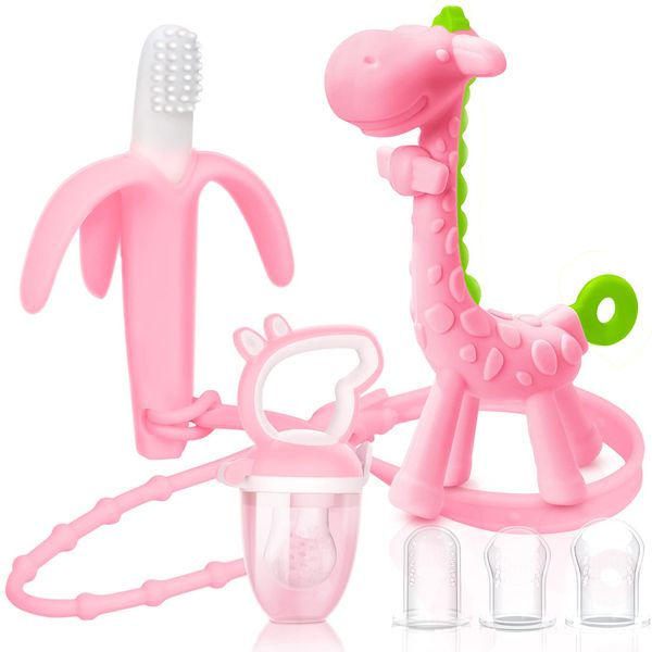 SHARE&CARE Baby Teething Toys for Girls and Natural Organic Fruit Feeder Pacifier/Baby Teether Chew Toys Fresh Food Feeder/ 1 Teethers and 1 Feeder with 3 Silicone Sacs(Pink)