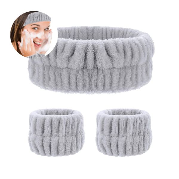 3 Stück Spa Gesicht Stirnband Handgelenk Waschbänder Set, Saugfähiges Makeup Haarband Gesicht Wasch Armbänder, Elastisches Abschmink Haarband Handgelenk zum Waschen des Gesichts (Grau)