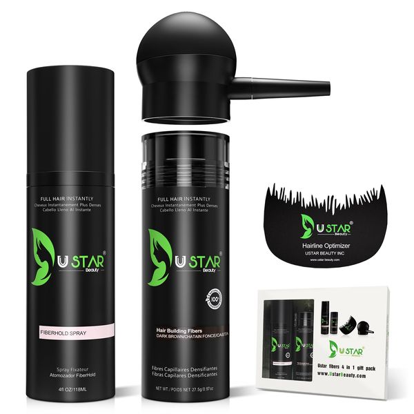 Hair Building Fibers Set, USTAR 4 in 1 Hair Fibers for Thinning Hair and Hair Fiber Spray, Natural Hair Filler Instantly Conceals Hair Loss, Hair Powder for Women & Men 27.5g (Dark Brown)