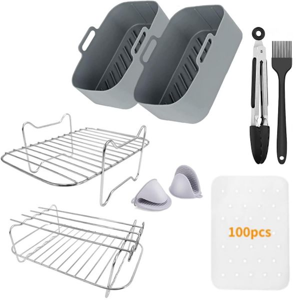 Set Of 8 Air Fryers Accessories ，Airfryer Accessories，Ninja Dual Air Fryer Accessories ，2 Reusable Silicone Air Fryer Liners，2 Air Fryer Rack With 4 Skewers，2 Silicone Gloves，Kitchen Tongs，Oil Brush