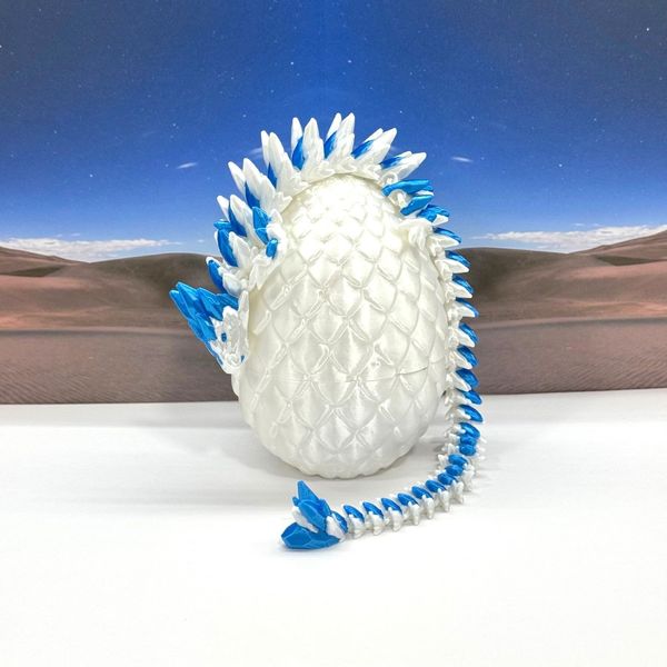 3D Printed Dragon with Dragon Egg, Full Articulated Gemstone Dragon, White and Blue Gemstone Dragon, Executive Desk Toy, Fidget Toys for Autism/ADHD D063WB