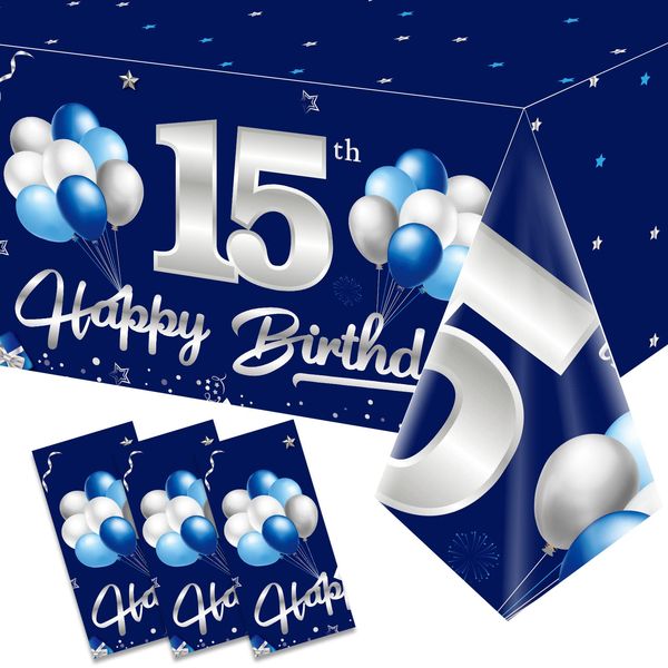 Turypaty 3 Pack Blue Silver 15th Birthday Tablecloth Decoration for Boy, Navy Blue Happy 15 Table Cover Party Supplies, Fifteen Years Old Birthday Disposable Rectangular Table Cloth for Indoor Outdoor