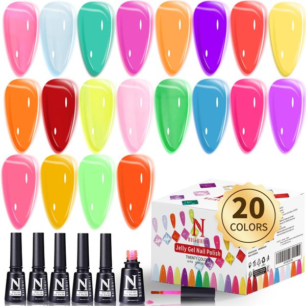 Noirwhite Jelly Gel Polish,20 Colors Trendy Neon Jelly Gel Nail Polish Kit Shiny Crystal Transparent Gel Polish Nude Pink Purple Green Blue Yellow Red Color Jelly Nail Polish Set Soak Off UV LED Home