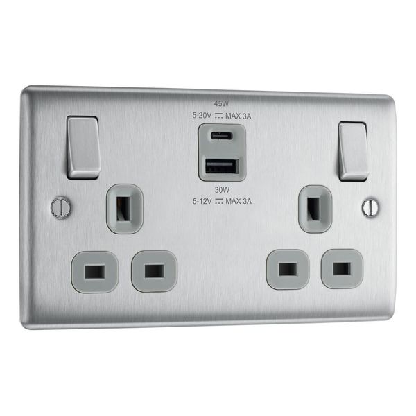 BG Electrical Double Switched Wall Plug Socket with Super Fast Charge Type A & C USB Ports, Nexus Metal, Brushed Steel, Grey Inserts, 13A, 45W, NBS22UAC45G
