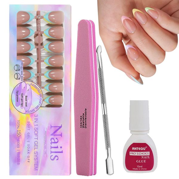 DMQ French Press On Nails Short, 150Pcs Brighter Pastel French Tip False Nails Kit with Glue, Almond Fake Nail Tips, Full Cover Stick on Nails for Women Girls French Nail Art Manicure Decorations