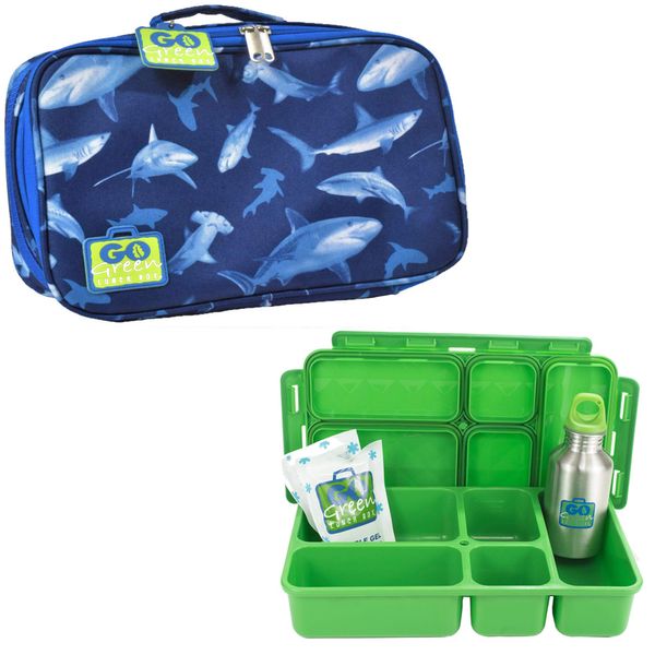 Go Green Lunch Box | Shark Leakproof Insulated Lunch Box Set for Boys Girls Kids | 5 Compartment Bento LeakProof Lunch Box | Insulated Lunch Bag | Beverage Bottle | Gel Ice Pack (Shark Frenzy)