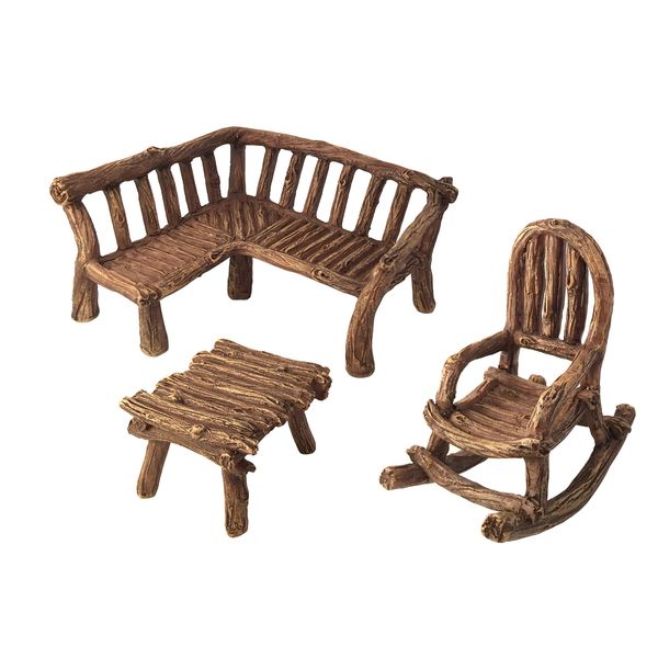 GlitZGlam Miniature Fairy Garden Furniture 3-Piece: Rustic Wood Bench, Rocking Chair and Miniature Table for The Garden Fairies