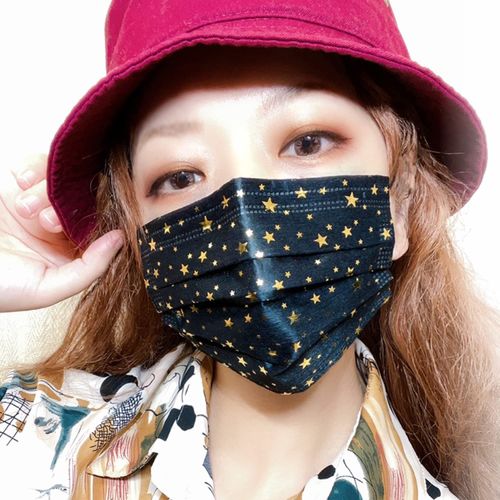 Star Pattern Black Mask, Glittering Gold (Gold) 5 Layers, Non-Woven Mask, Unisex, Individually Wrapped Over PFE99% (5 Pieces)