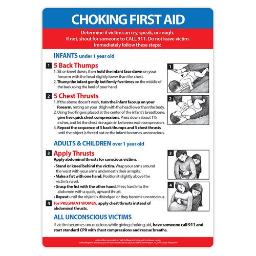 Safety Magnets Choking First Aid Fridge Magnet - Heimlich Maneuver for Infants, Children, Adults 5 x 7 inches