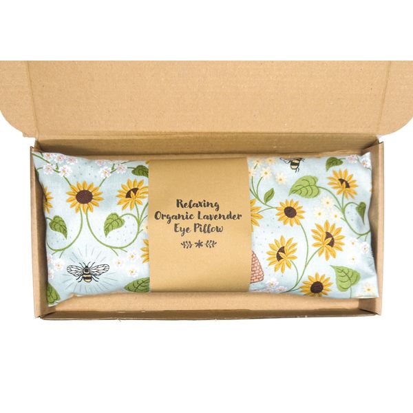 Fig & Wick Organic Lavender Eye Pillow | Made with Lewis & Irene Fabric (Sunflowers - Bee Hive) | Weighted with Flaxseed | Acupressure and Aromatherapy Meditation Pillow for Relaxation 10 x 22cm