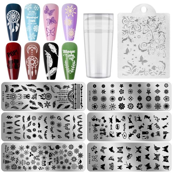 Ebanku 6 pcs Piastra per Unghie Nail Art Stamping Nail Template, Raschietto Stamper Per manicure modelli di stencil per timbri per nail art di timbro di amore del fiore rettangolo