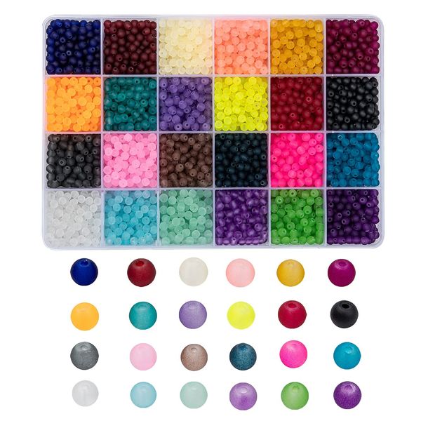 Cheriswelry About 4080pcs 24 Colors Pony Frosted Glass Beads 4mm Mini Round Transparent Glass Spacers for Jewellery Necklaces Bracelets Making