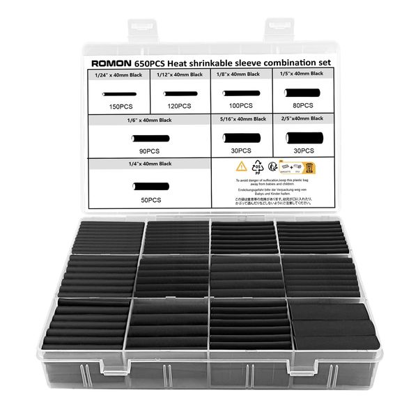 Romon 650 Stück Schrumpfschlauch Set Schwarz, Schrumpfschlauch Sortiment, Wärmeschrumpfschlauch Set, Heat Shrink Tube, Isolierschlauch für Kabel, 8 Größen, 2:1 Schrumpfverhältnis