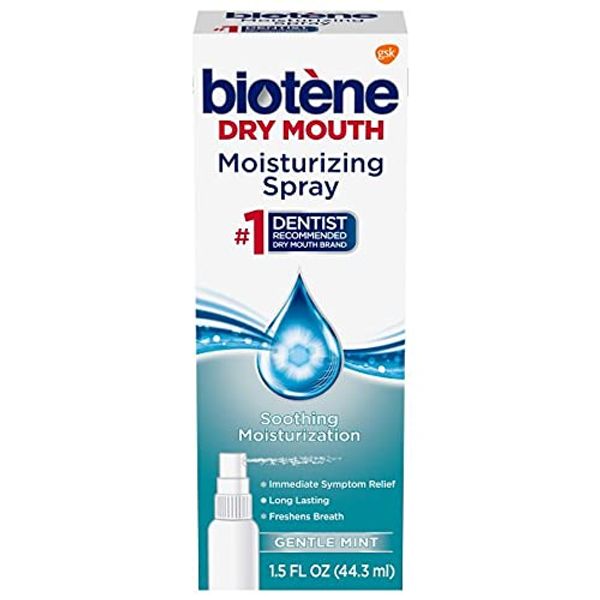 Biotene Gentle Mint Moisturizing Mouth Spray, Sugar-Free, for Dry Mouth and Fresh Breath, 1.5 Fl Oz (Pack of 2)