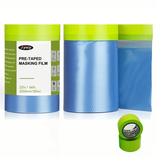Jiyocy Pre-Taped Masking Film for Painting – 22" x 66' Plastic Sheeting with Automotive Paint Tape, Easy Tear, No Residue – Painter’s Tape and Drape for Car, Wall, Window & Furniture Protection