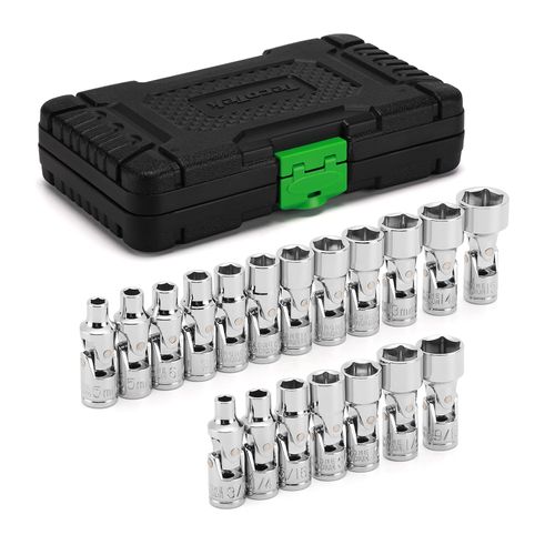 TecoTek 19-Piece 1/4-Inch Drive Universal Joint Socket Set, Swivel Socket Set, 6-Point, SAE (3/16" to 9/16") and Metric (5mm to 15mm), CR-V, Universal Flex Socket for Easier Access to Tight Spaces