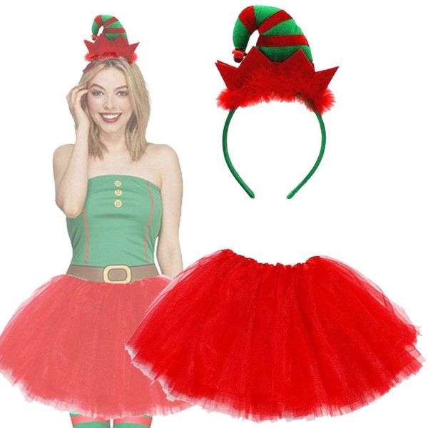 Lizzy Christmas Tutu Costume Children Adult Fancy dress Costume Accessories Skirt Headband One Size Hair Accessory for Xmas Party Hats for Christmas Favours (Elf Hat with Red Tutu)