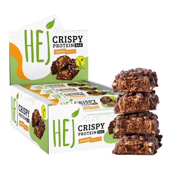 HEJ Vegan Crispy Double Peanut | High Protein Riegel, zuckerarm nur 0,8 g Zucker | schokoladiger, knuspriger Eiweißriegel, palmölfrei, Low Sugar Snack Bar | 12 Proteinriegel x 45 g