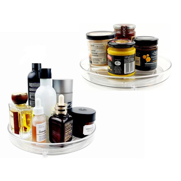 Sous Miras 2 Pack Lazy Susan Turntable Cupboard Organiser, Spice Rack for Kitchen Storage & Organisation, Fridge and Pantry Organizer, Clear Acrylic Revolving Condiment Holder (Pack of 2 (Small))