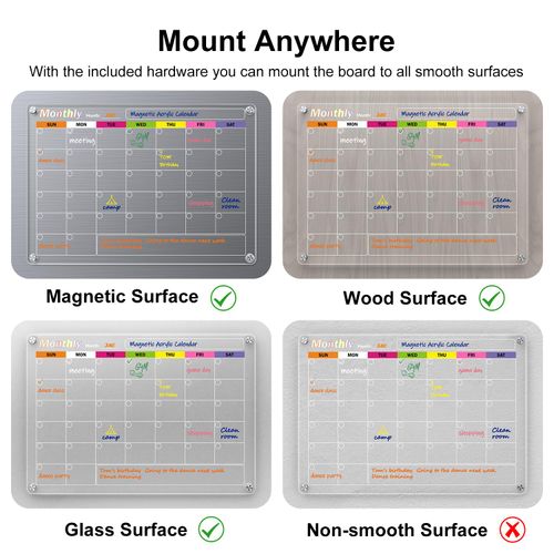 Acrylic Magnetic Calendar for Fridge, 2-Pack Monthly & Weekly Dry Erase Board Planner Noteboard Set for Refrigerator, Glass/Wood Wall, 6 Colors Markers (17"x12")
