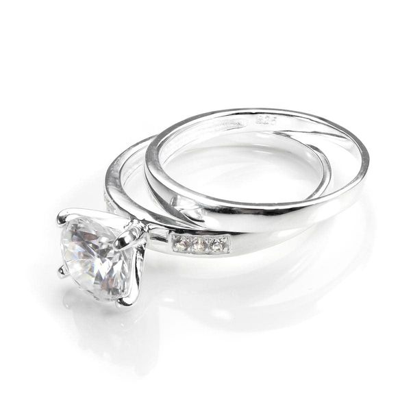 Sterling Silver & CZ Crystal Engagement Wedding Ring Set - Size L (J - U Available)
