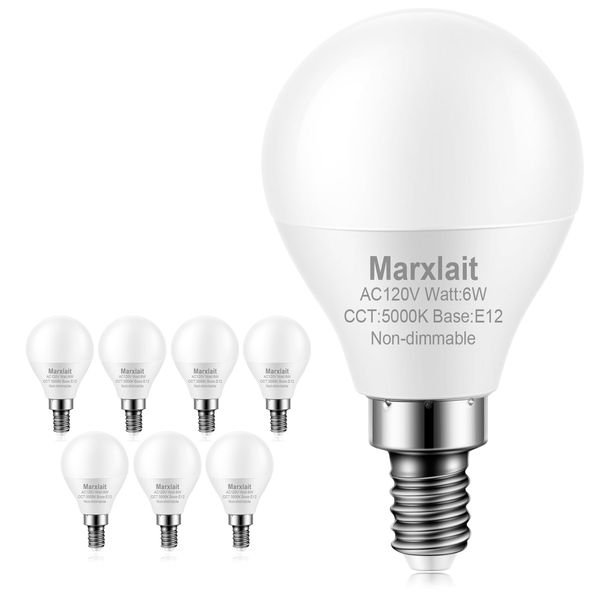 Marxlait 8 Pack E12 Ceiling Fan Light Bulbs, 60W Equivalent, Daylight White 5000K, Small Base LED Candelabra Light Bulb, Bright A15 LED Bulb, 120V, Non-dimmable