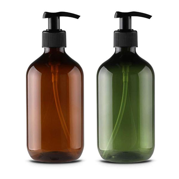 Alledomain 2PCS 300ml/10oz Empty Refillable Plastic Lotion Pump Bottles, Shampoo Body Washing Cream Shower Gel Storage Holder Container Toiletries Liquid Dispenser (Brown & Green)