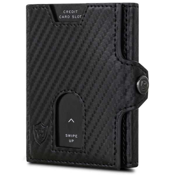 VON HEESEN Slim Wallet mit XL Münzfach & RFID-Schutz - Leder Geldbeutel - Mini Geldbörse für Herren und Damen - Kartenetui Echtleder Karten Portemonnaie klein - Kreditkartenetui Carbon-Schwarz