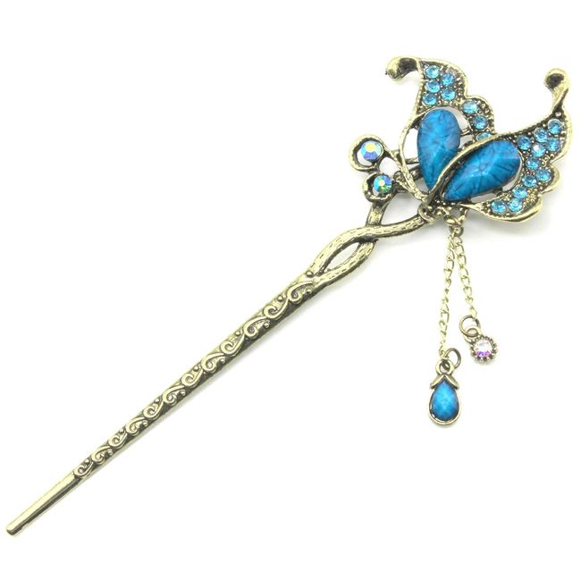 Miaomyao Hair Ornament, Japanese Style Antique CZ Diamond, Bijou Pair, Couple, Butterfly, Flower, Butterfly, Motif, Dullness, Gold, Hair Accessory (Blue)