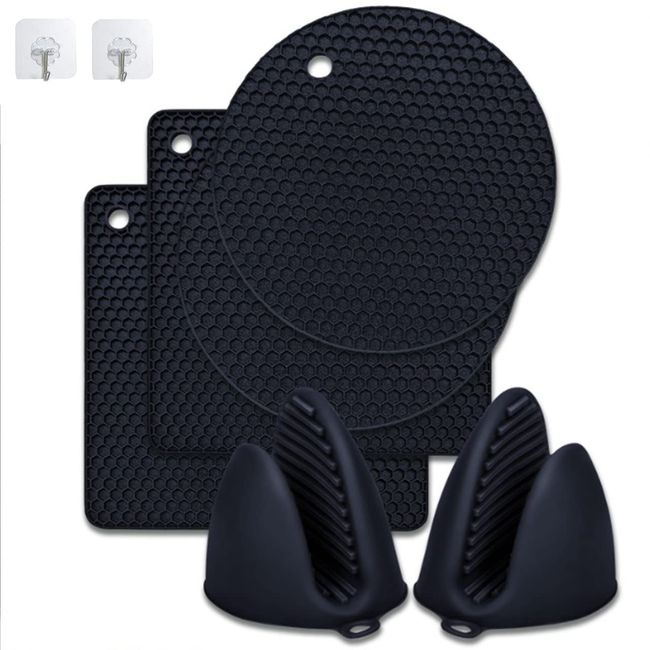 Tinopui Pot Holder Trivet Drying Mat Heat Resistant Kitchen Utensil Set Mittens Heat Resistant Silicone (Black)