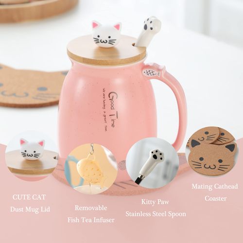 Cat Mug Cute Ceramic Coffee Cup with Lovely Kitty lid Stainless Steel Spoon,Novelty Morning Cup Tea Coffee Mug with Lid Tea Infuser Coffee Gifts Christmas Birthday Gifts for Women Cat Lovers Presents