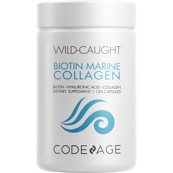 Codeage Marine Collagen Peptides – Hydrolyzed Fish Collagen Protein Supplement, 10,000mcg Biotin Collagen, Vitamin C, E, Hyaluronic Acid Amino Acid - Hair, Skin, Joint, Wild-Caught Fish - 120 capsules