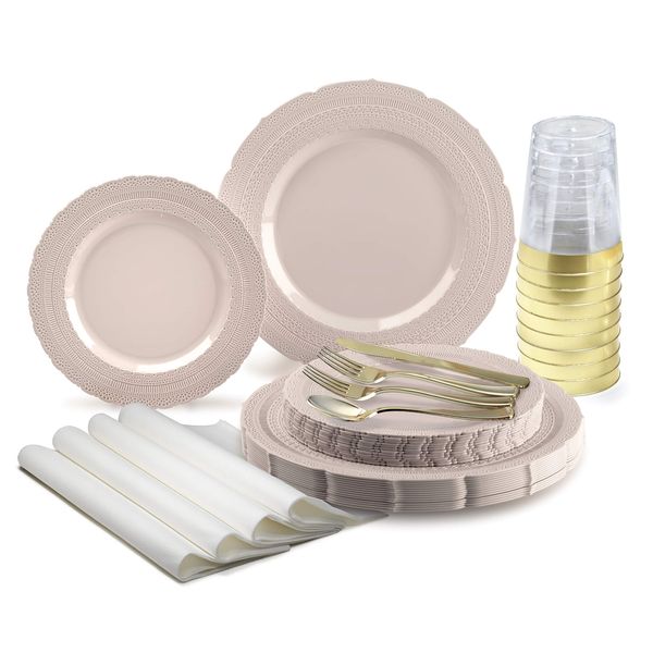 " OCCASIONS" 200pcs set (25 Guests)-Extra Heavyweight Vintage Wedding Disposable/Reusable Plastic Plates (25 x 11'' + 25 x 8.25'')+ Silverware + Cups + Napkins (Chateau in Pink Blush)