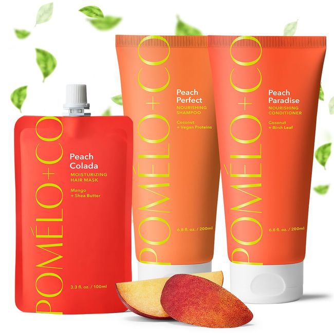 Pomélo+Co. Peach Trio: Haarmaske, Shampoo + Conditioner – feuchtigkeitsspendende Haarpflege für trockenes Haar – veganes* Haarpflege-Set mit reichhaltig-pflegenden Inhaltsstoffen