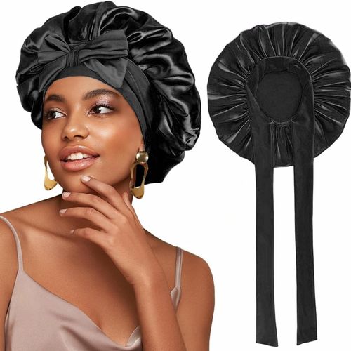 Silk Bonnet for Sleeping, Satin Hair Wrap Cap for Women, Black Double-Layer Bonnet with Tie Band, Curly Hair Sleep Cap, Hair Accessories