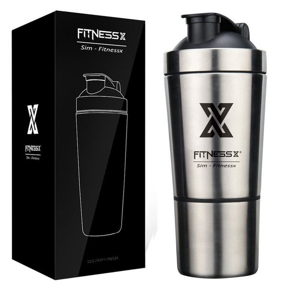 X SIM FITNESSX 591ml+200ml Eiweiss Protein Shaker mit Pulverfach Edelstahl Shaker Eiweiß Becher mit Siebeinsatz für Sport Fitness