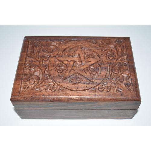 Nature's Enlightenment Pentacle Carved Wooden Box #2- Tarot Cards, Crystals, Altar Supplies,