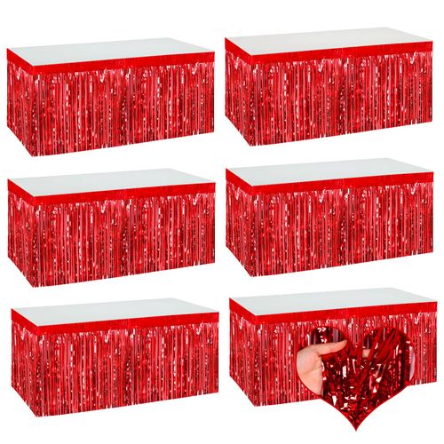 6 Pack 29x108 Inch Red Metallic Foil Fringe Table Skirts Banner for Tinsel Streamer Garland Curtains Backdrop for Parade Floats Wedding Baby Shower Birthday Christmas Halloween Party Decoration