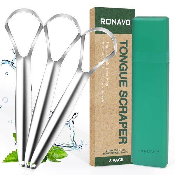 RONAVO Metal Tongue Scraper for Adults(3 Pack) with Travel Case for Oral Care, Reduce Bad Breath, Professional 100% Stainless Steel Tongue Cleaners for Adults, Easy to use & Clean