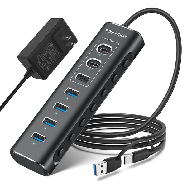 ROSONWAY USB HUB 10Gbps 7 Ports USB C 3.2x2 USB A 3.2x1 USB 3.0x4 2 in 1 Cable Aluminum USB HUB Self-Powered and Bus-Powered 12V 2A Power Supply with Independent Switch (RSH-A107C)